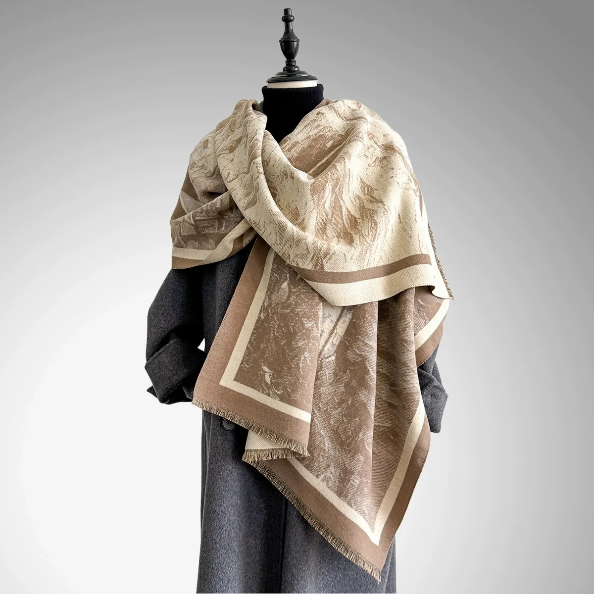 

Elegant Double Sided Printed Pashmina Scarf from New Brand Ultra Soft, Warm with Fringe, Indispensable for Winter