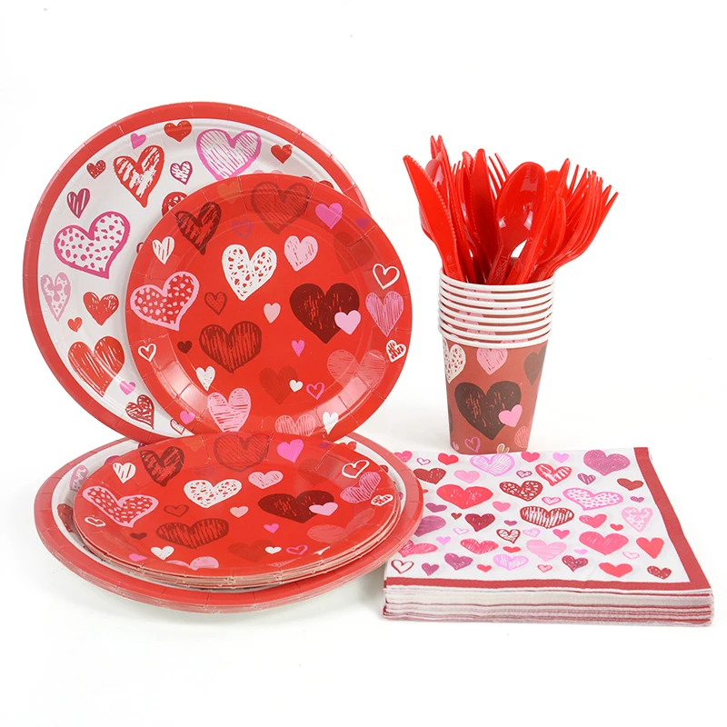 

Red Love Heart Disposable Tableware Paper Plates Cups Tablecloth Valentine's Day Wedding Anniversary Birthday Party Tableware