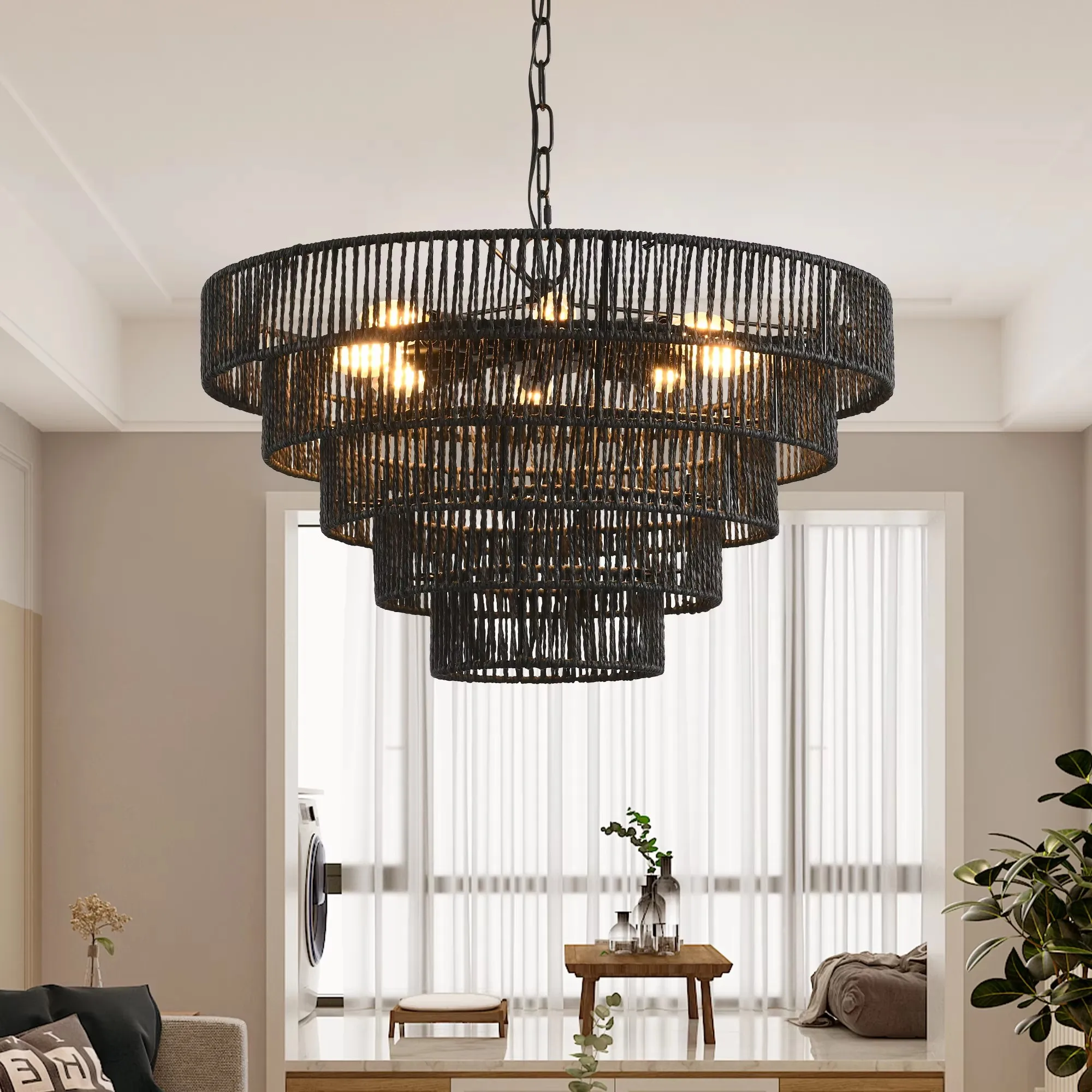 Bamboo Woven Pendant Light New Chinese Style 5-Tier Black Hemp Rope Chandelier Lighting Rattan Woven Japanese Lantern Lamp