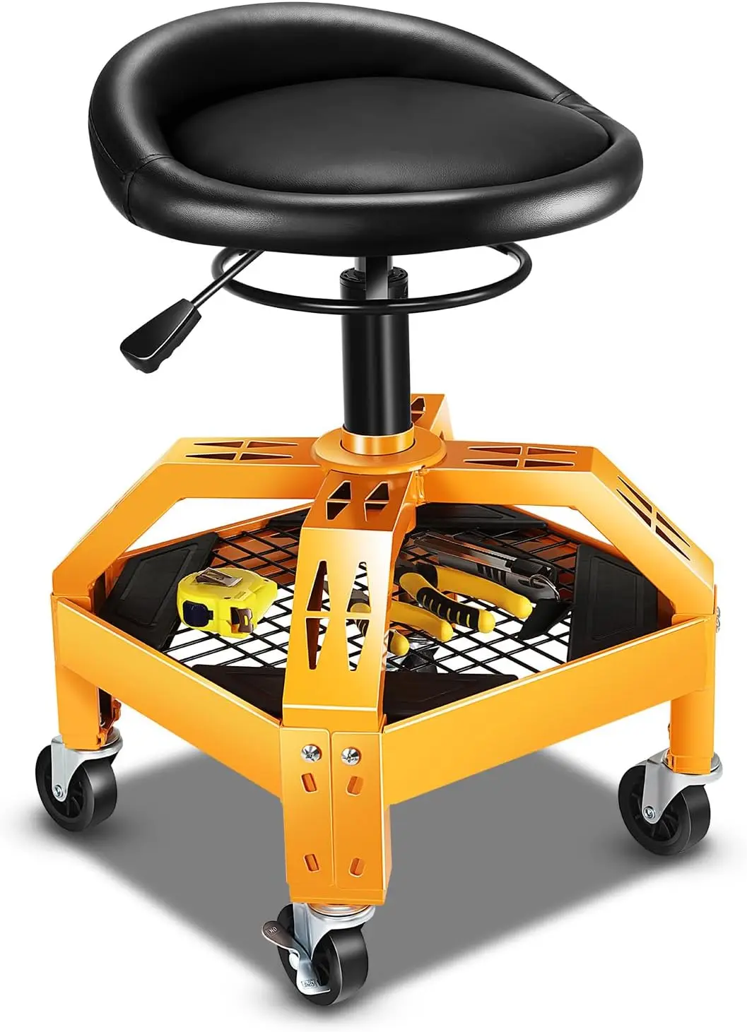 Rolling Padded Seat Adjustable Height Seat 330lbs Capacity Rolling Mechanic Creeper Stool, W/Tool Storage Drawer & Tray