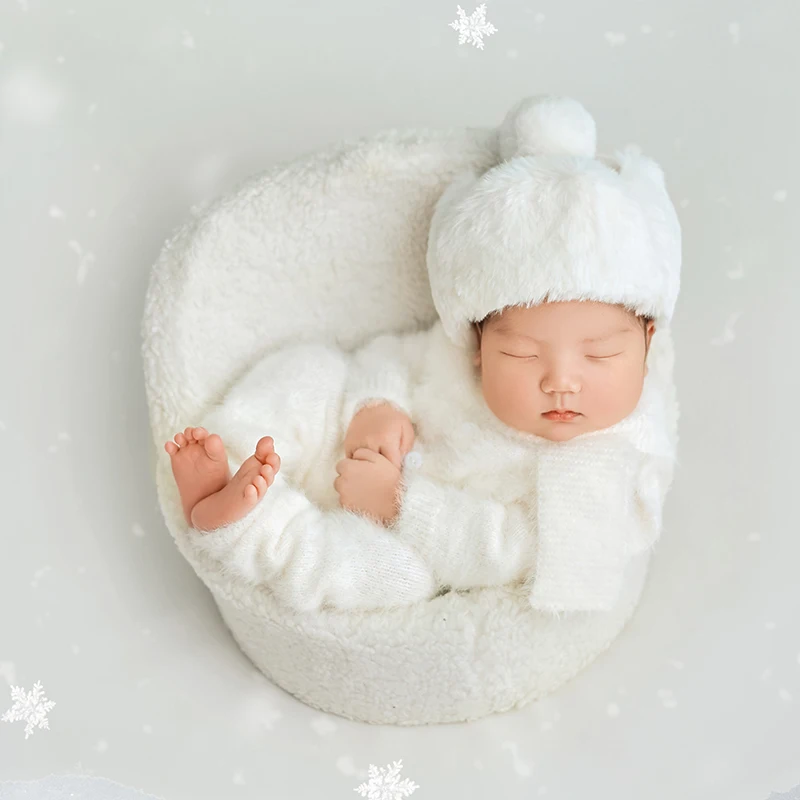 

0-1 Month Baby Photography Clothing Plush Mohair Jumpsuit Scarf Hat Full Moon Baby Photo Outfit Pure White Studio Accessories