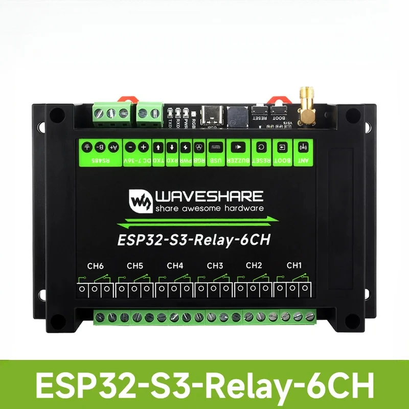 Waveshare Industrial 6-Channel ESP32-S3 WiFi Relay Module, Supports WiFi / / RS485 Control, Onboard RS485 / Pico HAT