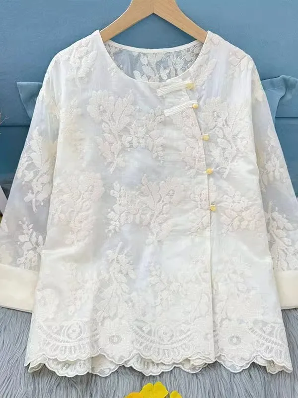 

New Chinese Sle Pure Color Embroidered irt Large Size Women's Autumn Thin Floral Pattern Sun Protection Outerwear Buttone...