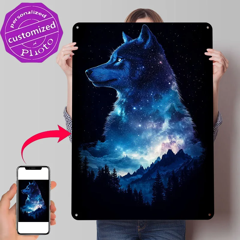 Wolf Galaxy Night Personalized 3D Textured Metal Poster Wall Art Tinplate Sign for Luxury Decoration Home Decor Accessories Room