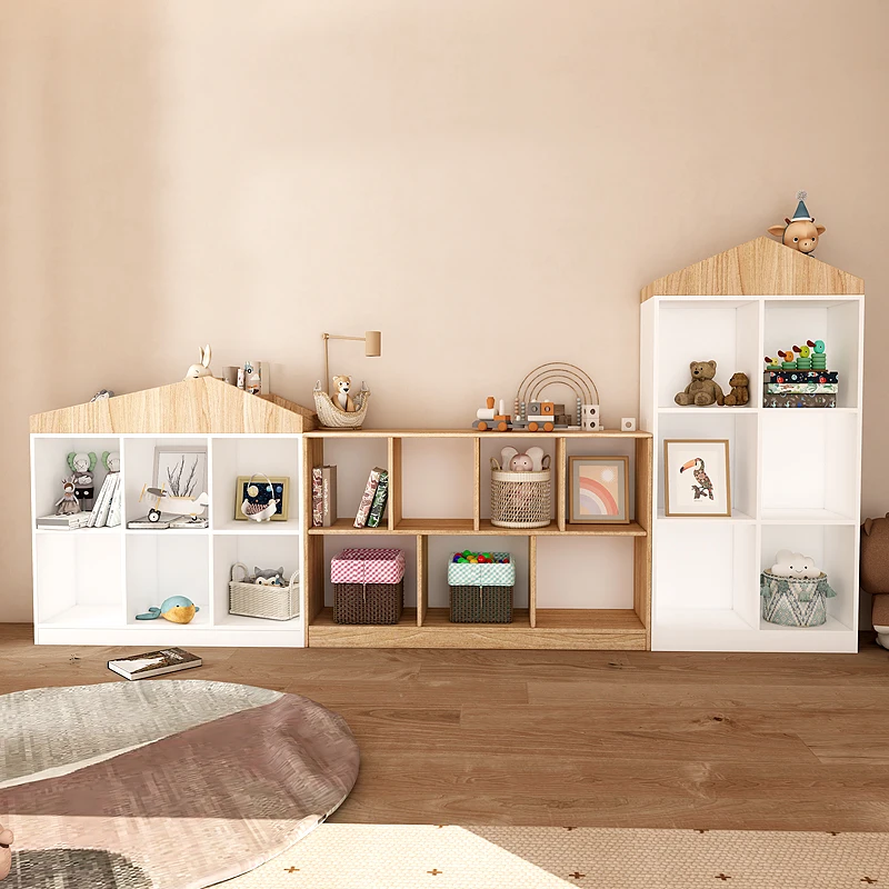 Solid wood children's bookshelf toy shelf floor-to-ceiling books picture book storage shelf free combination lattice bookcase