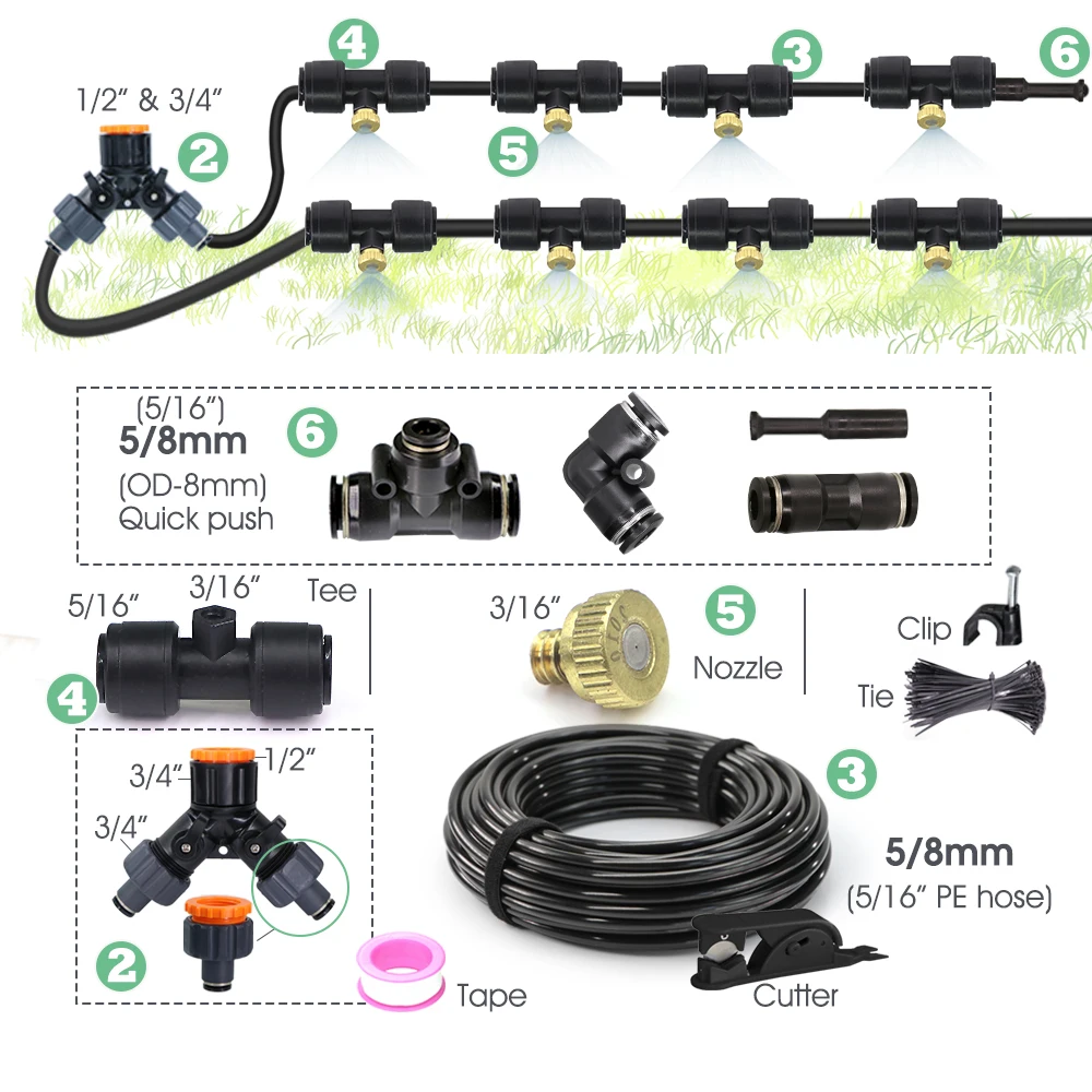 0.3mm Brass Nozzle Misting Cooling System for Garden Outdoor Plants Atomizing Watering 60W Self-Priming Pump 5/16