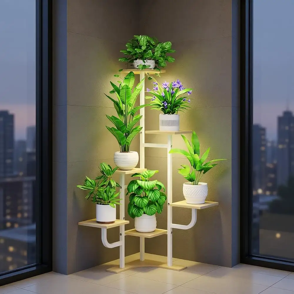 

6-Tier Indoor Metal Plant Stand with Adjustable Light, Square Maple Plant Shelf for Home Decor and Garden
