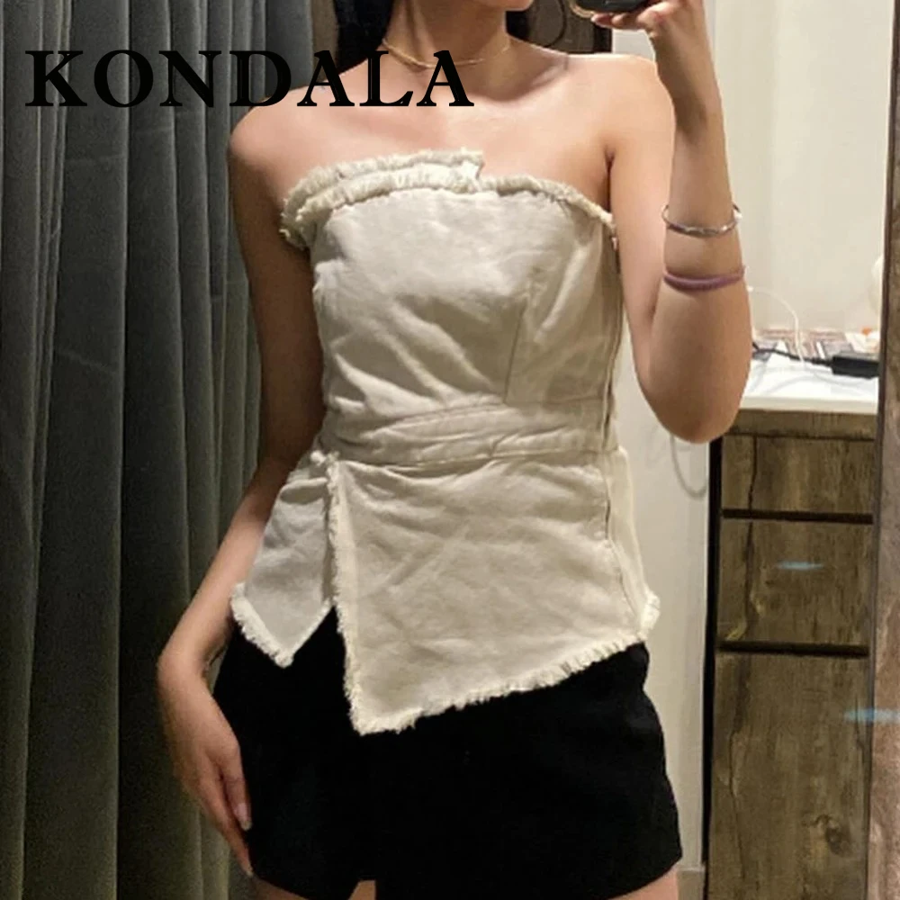 KONDALA 2025 Tassel Vintage White Woman Suit Asymmetric Strapless Slim Vest+Chic Split Long Dress Women Casual Elegant Sets