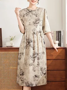 Summer Faion ort Sve Dr for Mom over 50 Middle-aged And ly Women Traditional Chinese Sle Loose Fit Midi Dr