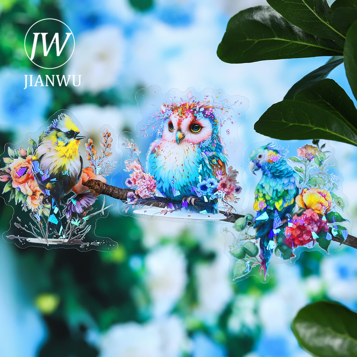 JIANWU 10 Sheets Flower and Birds Series Vintage Landscaping Material PET Sticker Creative DIY Journal Collage Stationery