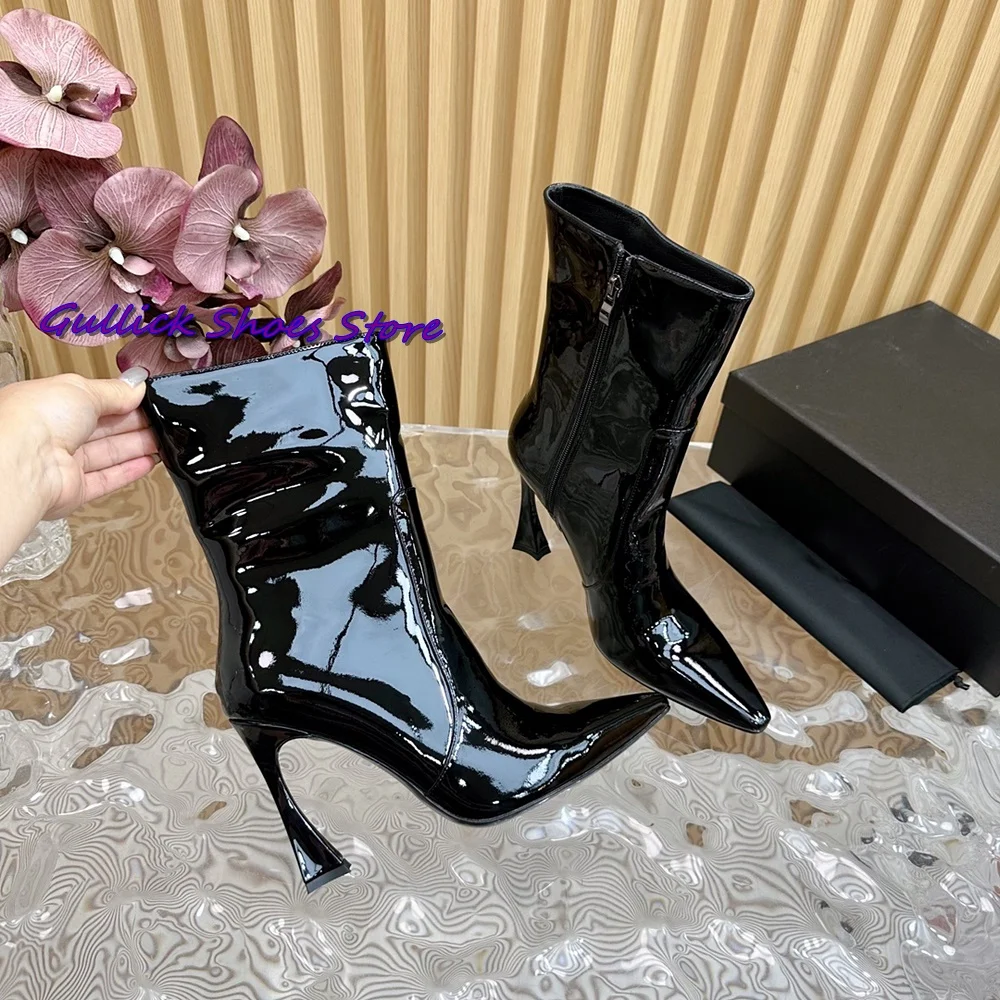 New Patent Leather Boots  Strange Heel 10.5 CM Pointed Toe Stiletto Wine Red Ankle Boots Fashion Women Dating Runway Shoes