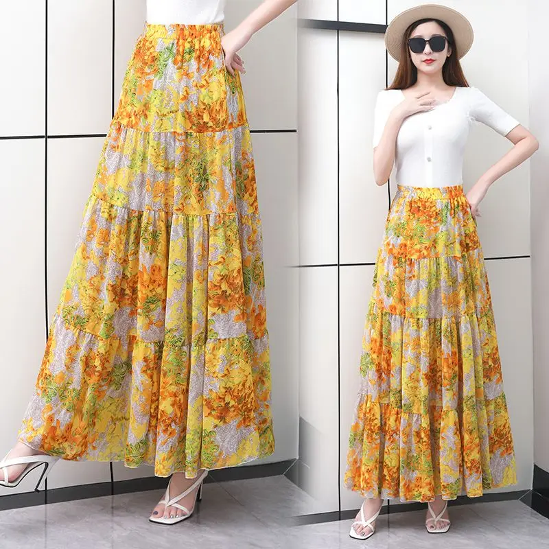 Sweet Women  Cake Skirt Summer Trend High Waist Pleated Skirt Casual Elegant All-Match A-line Big Swing Double Layer Skirt