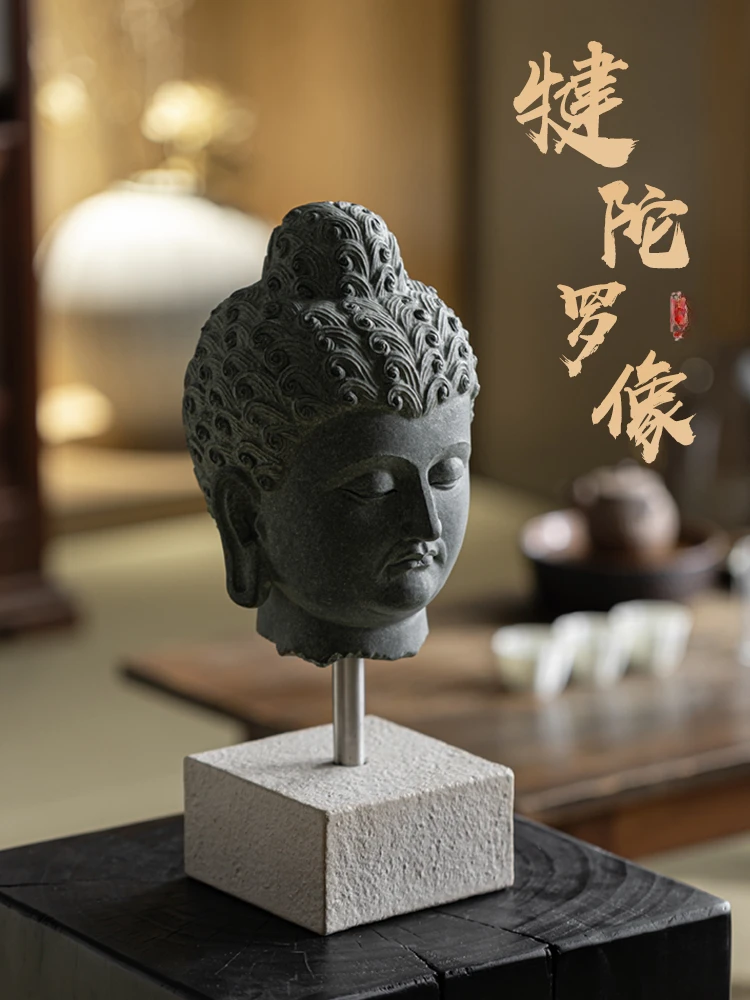 

NEW New Chinese Zen style Blue Stone Gandhara Head Carving Buddha Head Decoration Home Living Room Entrance Decoration