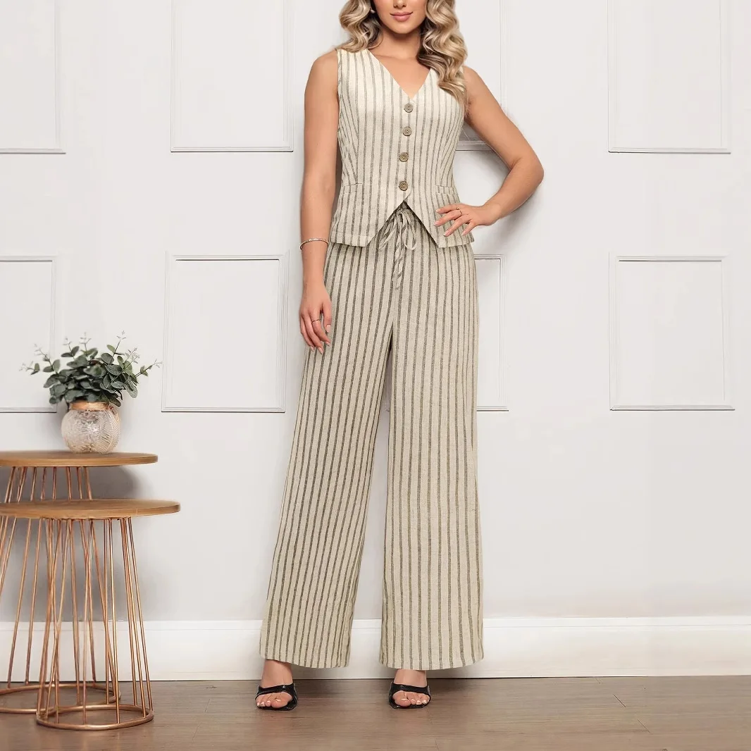

Two Piece Set Women Outfit 2026 Spring New Fashion Stripe V-Neck Crop Vest & High Waist Pocket Casual Wide Leg Pants Set