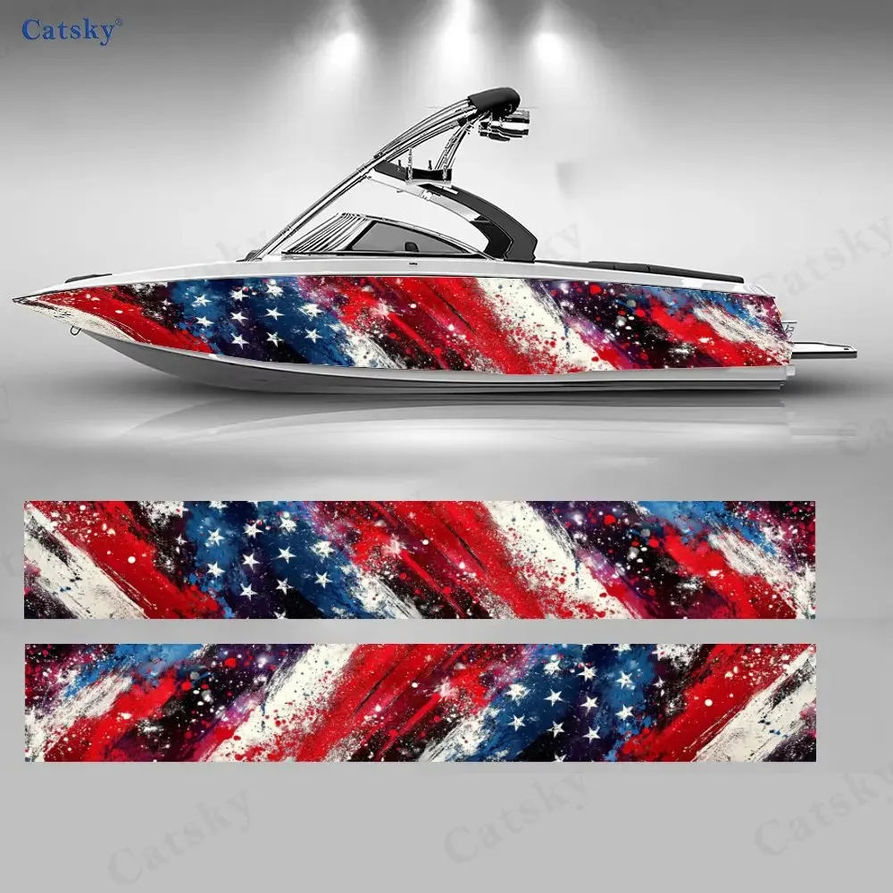 2Pcs American Graffiti Star Stripe Boat Stickers, PVC Waterproof Vinyl Wrap Decals for Fishing Boats, Durable and Stylish Design