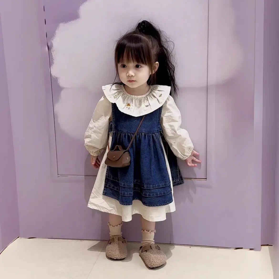 Autumn 2024 Baby Girl 2PCS Clothes Set Solid Denim Vest Suit Pattern Embroidery Collar Long Sleeve Pincess Dress Kid Girl Outfit