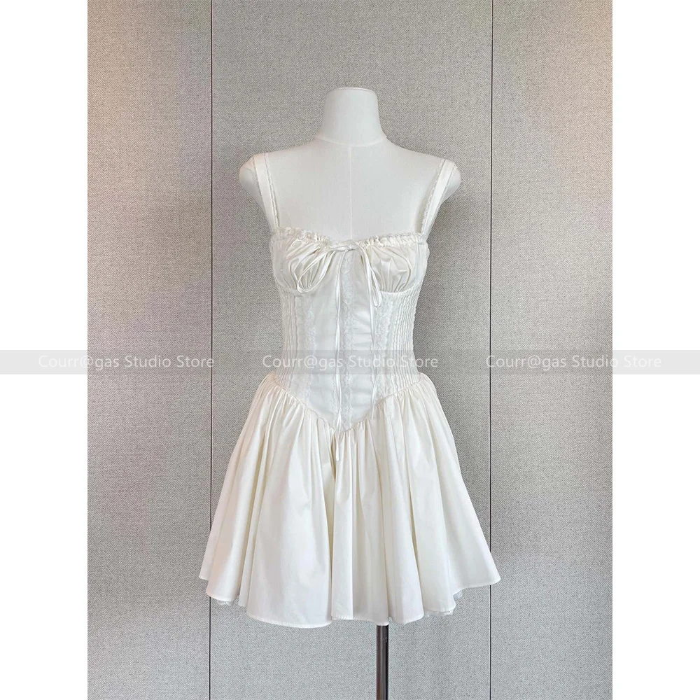 Princess style elegant and sweet white suspender waist large skirt tube top lace strap mini fishbone dress