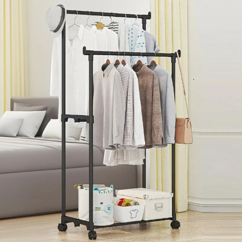 1PC Movable Bedroom Clothes Rack Floor Standing Double Rod Organizer Sheif with Bottom Shelf and Side Hooks for Coat Hat Storage