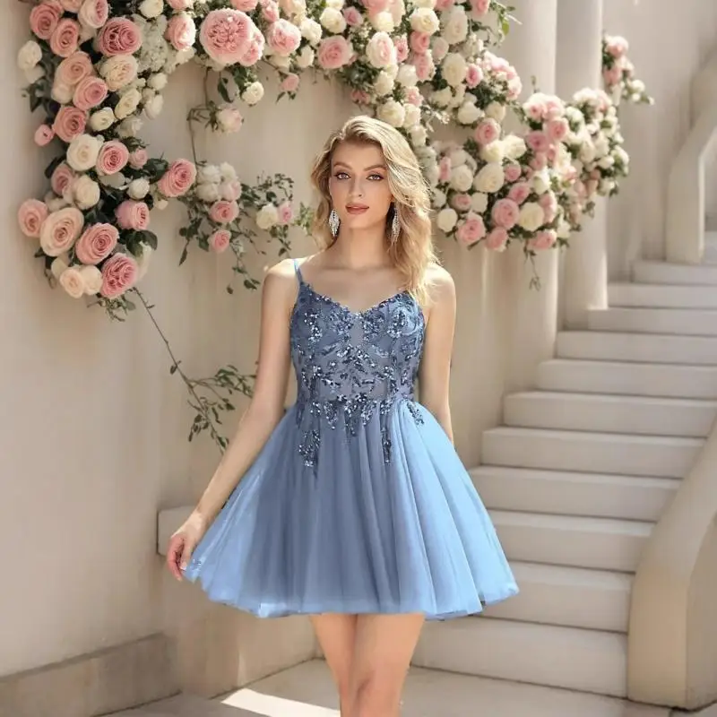 Blue Suspender Evening Dress New V-neck Short Dress Birthday Party Dress Customized