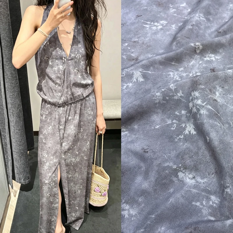 Printed Stretch Grey Silk Crepe de Chine Fabric for DIY Sewing Summer Comfortable Dress Skirt Pajamas Soft Silk Fabric FR6999