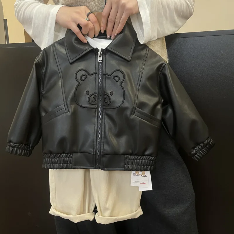 Leather Jacket for Spring and Fall: Korean-Style Casual Children's Jacket for Boys and Girls with Bear Design—Windproof and Warm