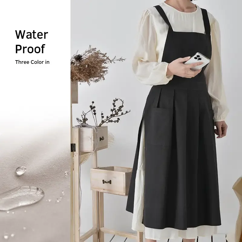 

Cotton Linen Women Waterproof Korean-style solid color adjustable long Apron kitchen for Cooking Baking Gardening