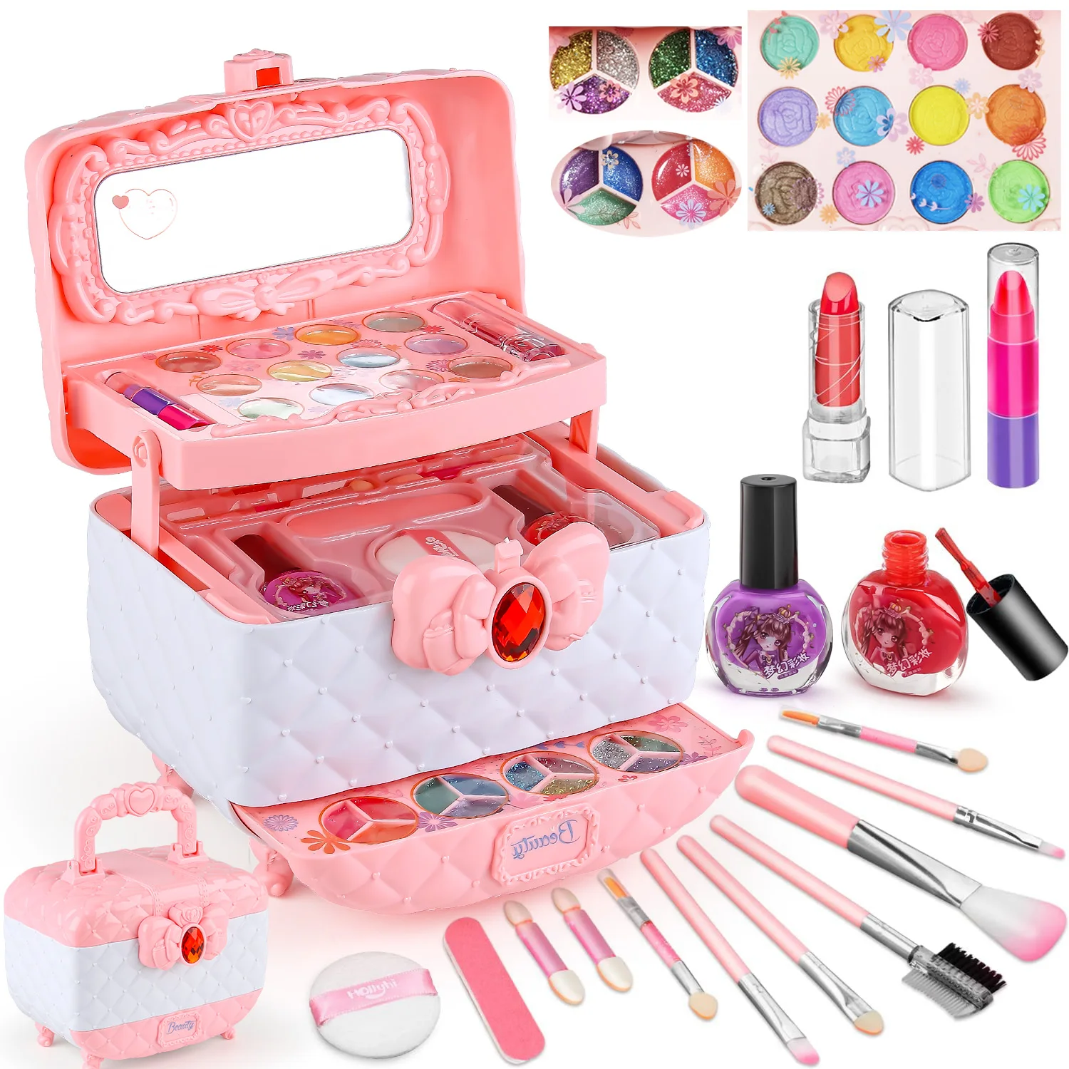 Kit de brinquedo de maquiagem infantil para meninas, conjunto de maquiagem lavável com estojo cosmético real para menina, conjunto de beleza de maquiagem para brincar de fingir