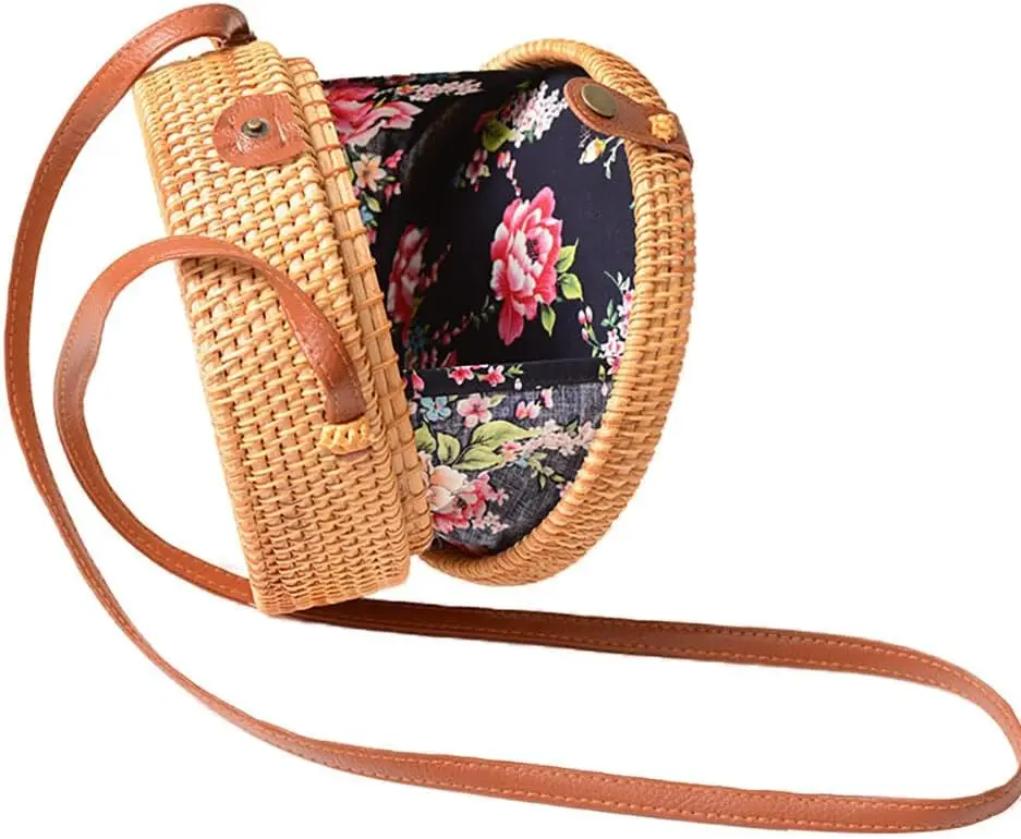 Handwoven Round Rattan Bag for Women, Boho Rattan Crossbody Bag with PU Leather Strap and for Travel Summer Picnic
