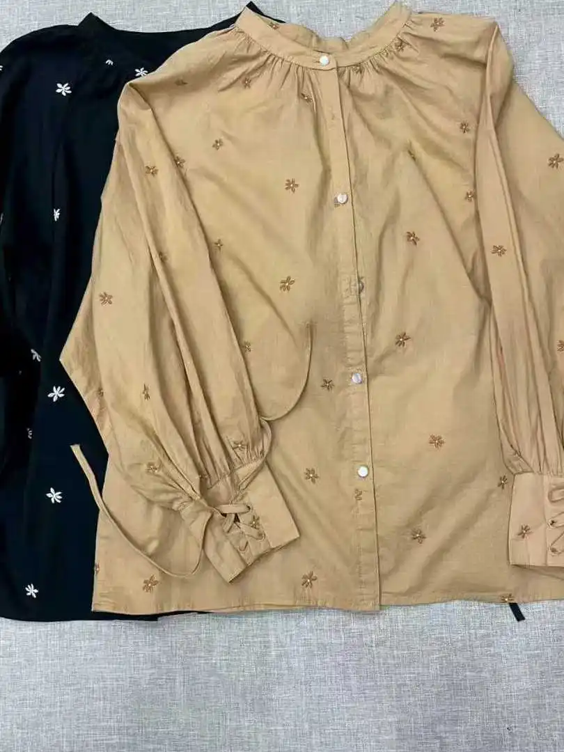 بلوزة Niko and Sweet Sle Faionable مطرزة بالزهور طويلة Sve irt من القطن الخالص المستقيم للنساء