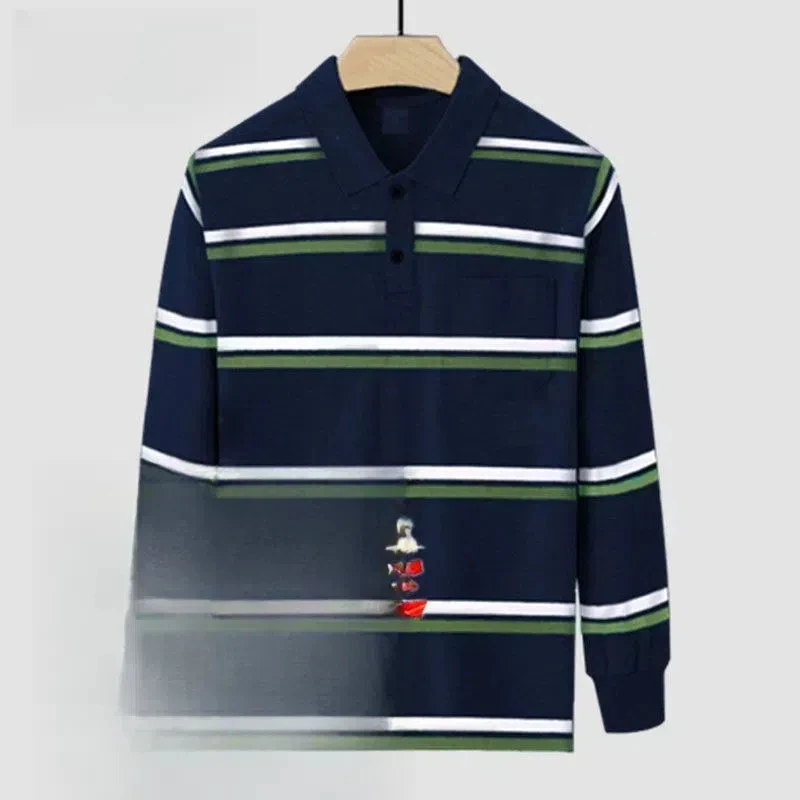 Men\'s Clothing Spring Autumn Turn-down Collar Long Sleeved Striped Button Contrast Color T-shirt Formal Casual Fashion Tops
