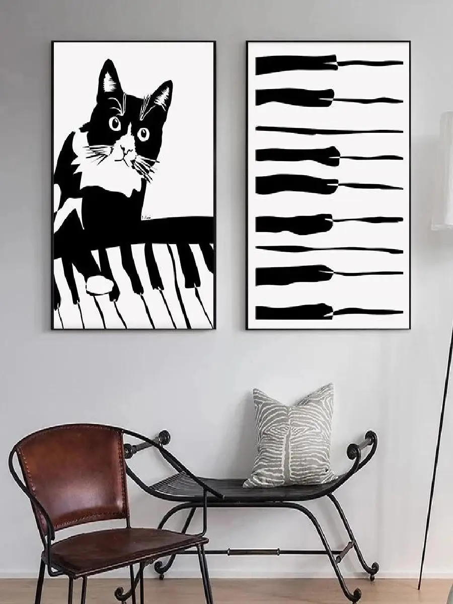 Black and White Piano Keys with Cute Cat Canvas Art Print Music Note Violin Guitar Wall Decor for Living Room Home
