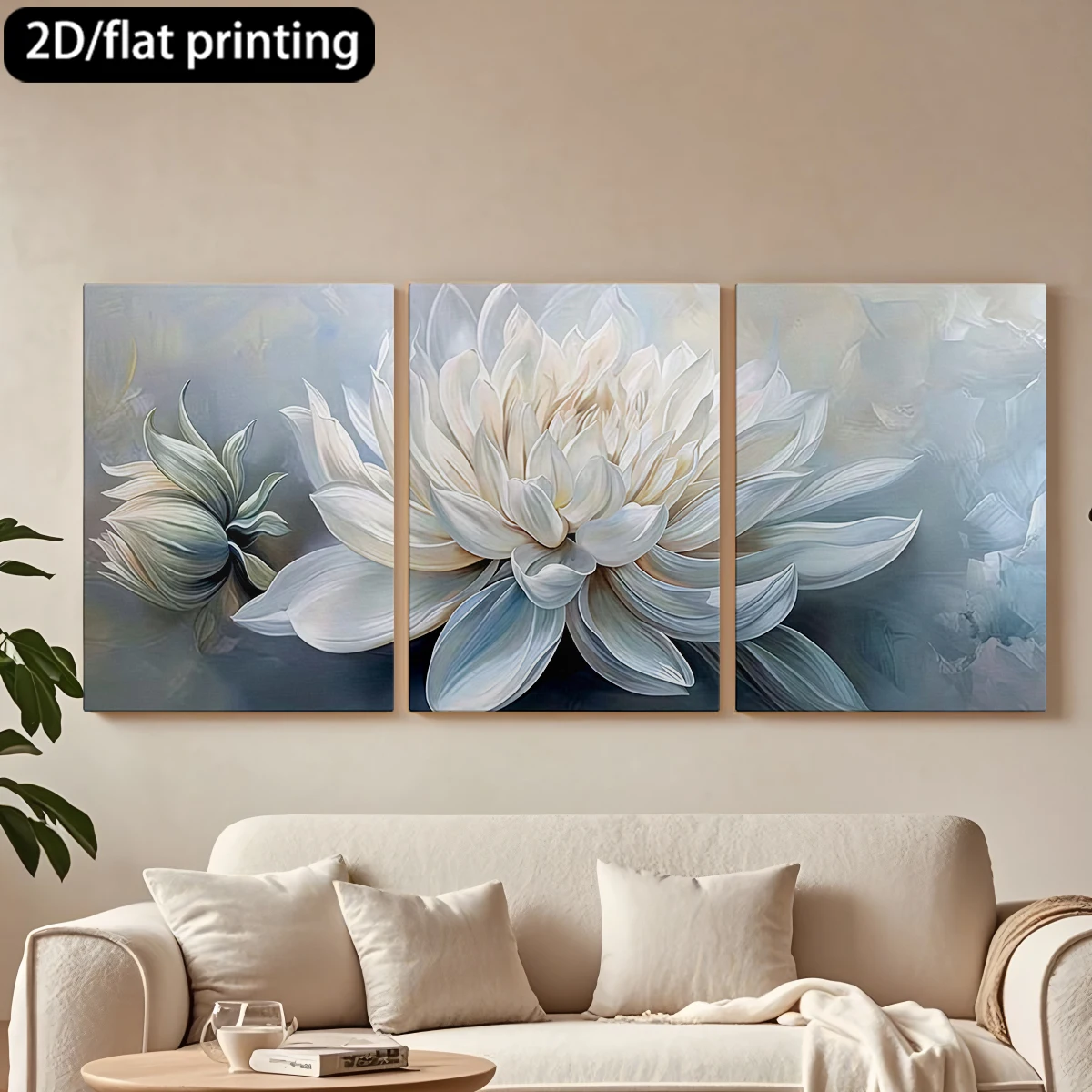 

2D плоская печать, 3-х частная декоративная картина на холсте в деревянной раме. Белый цветок, нежные лепестки, художественный стиль. Декор для коридора и спальни.