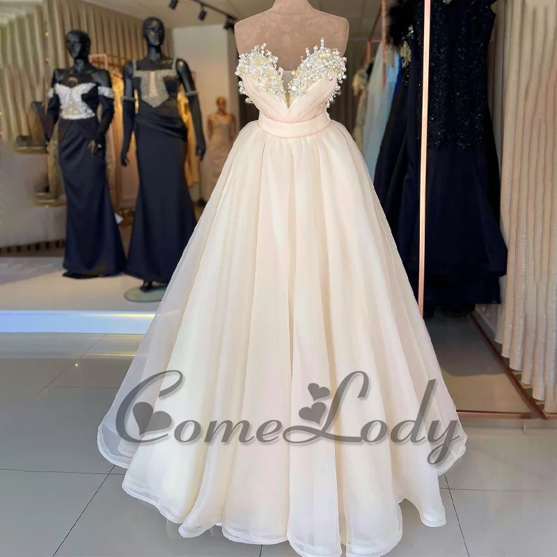 

Comelody Ball Gowns Luxury Dresses Women 2024 Saudi Arabric Sweetheart Pearl V-neck Tulle Pleat Backless Lace Up Drop Shipping