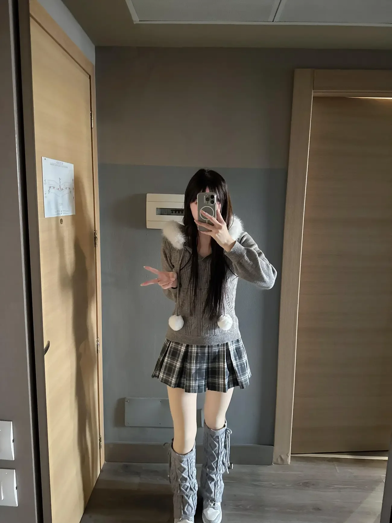 Y2k Vintage Casual Sweaters 2 Piece Set Women Fuzzy Trim Pom Pom Cable Knit Sweater Plaid Pleated Skirt Slim Fit Daily Wear