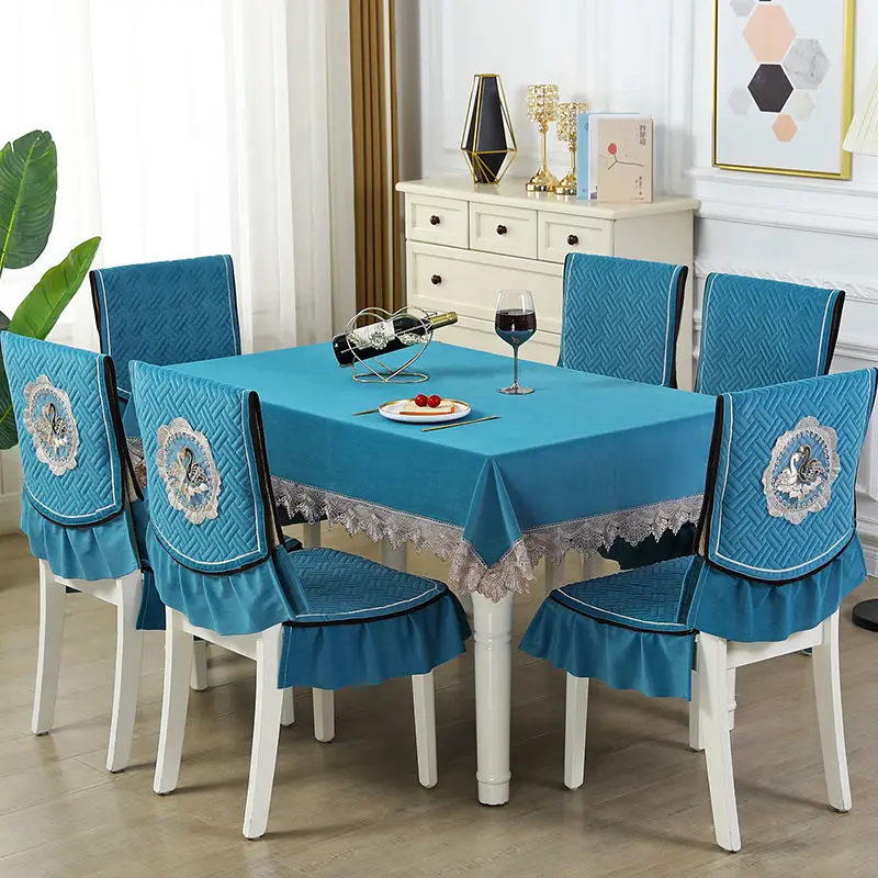 Premium Chinese Style Swan Embroidered Dining Chair Cover Tablecloth Set Fashion Pure Color Home Tablecloth Living Room Decor