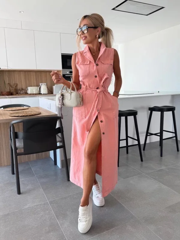 Denimjurk Dames Lente Zomer Casual Lange Jurken Voor Dames 2026 Mode Kant-up Mouwloze Streetwear Maxi Jurk Vestidos