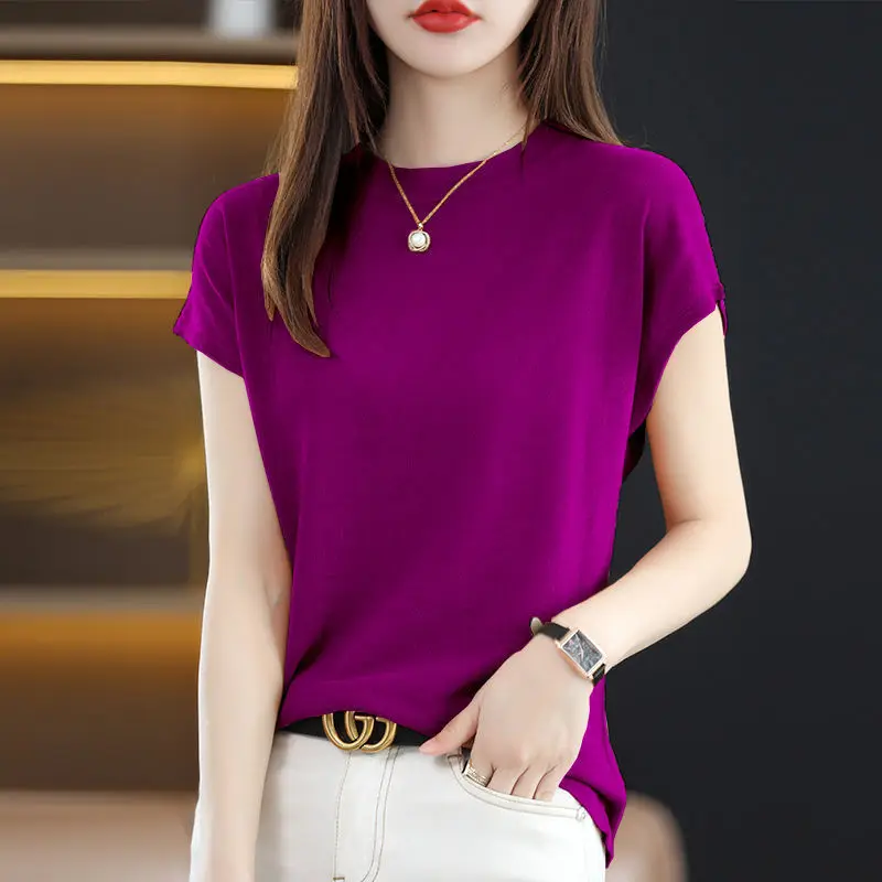

Loose Ice Silk Sleeveless Vest Women's Knitted Short Sleeve T-Shirt Half High Collar Summer Thin Style Fashionable Commute Style