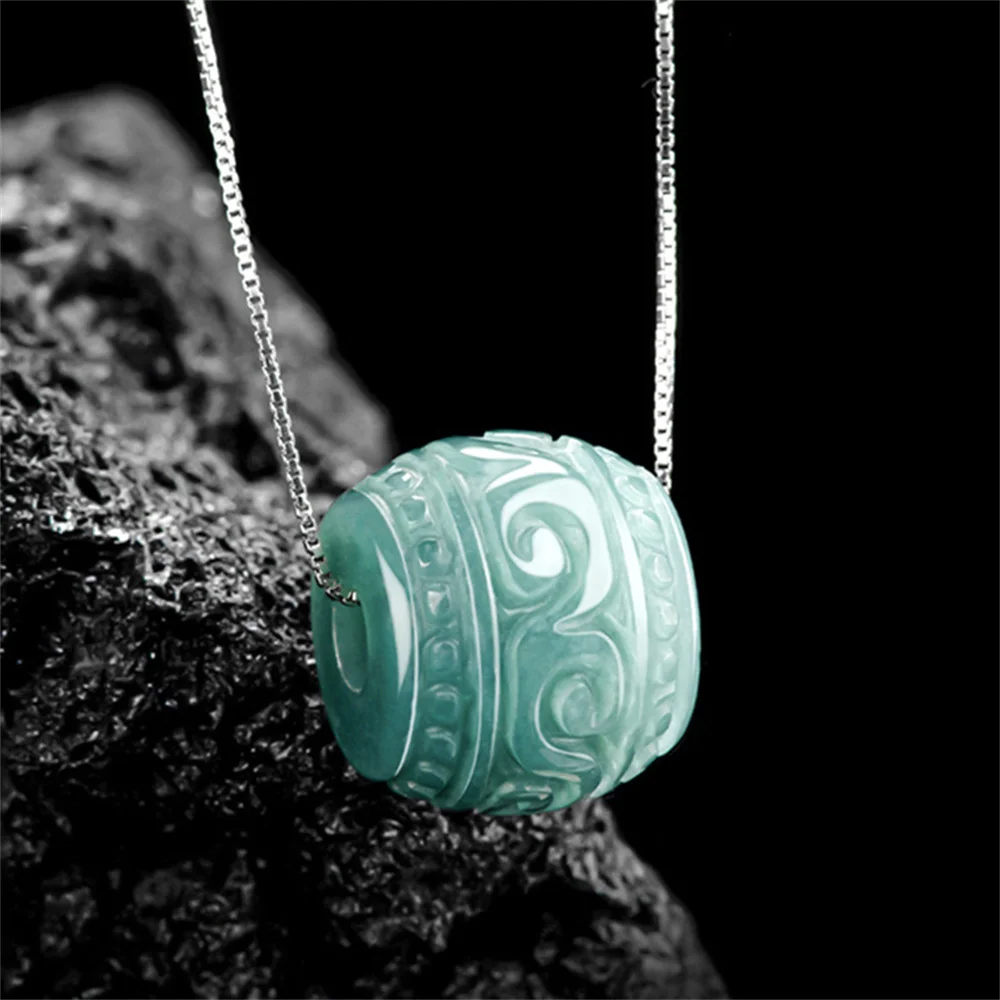 925 Silver Natural Ice Jadeite Carved RuYi Veins Smoothly Oval Pendant S925 Lucky Amulet Necklace Certificate Trendy Jewelry