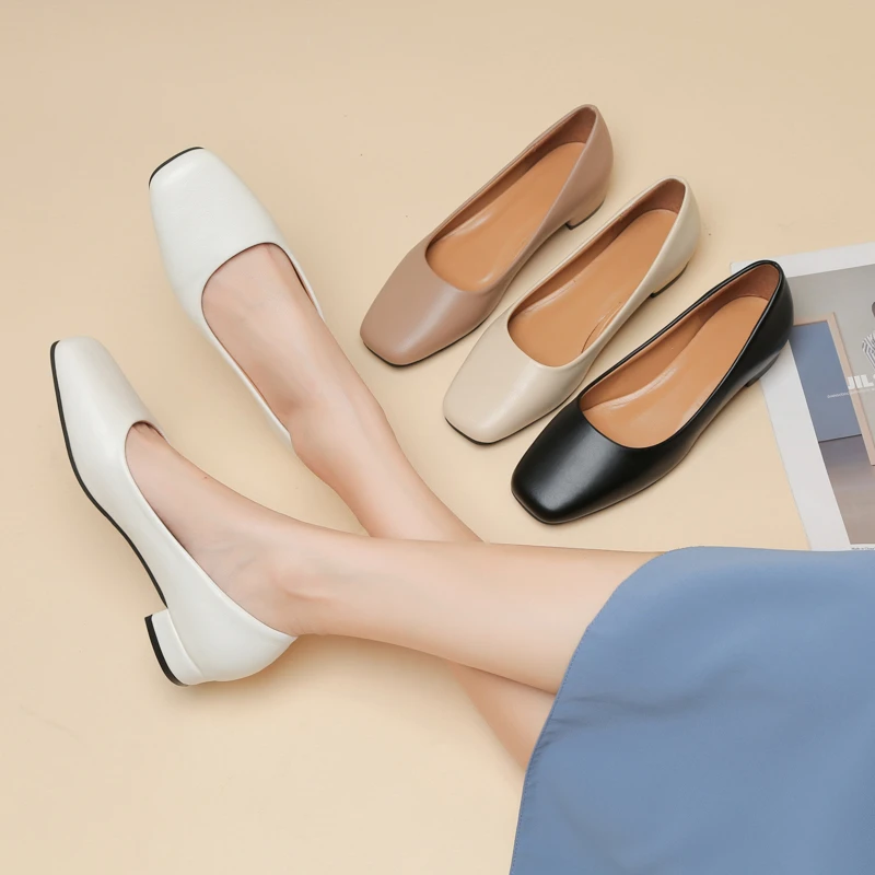 New Style Pointed Toe Shallow Mouth Square Heel Small Leather Shoes Women's Elegant Fashion High Heels Dress Shoes Zapatos Mujer