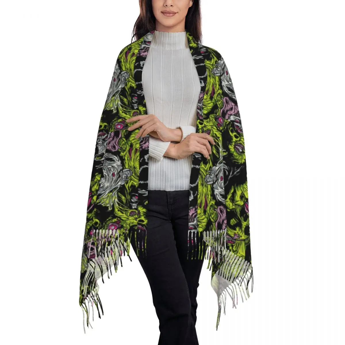 Skull Print Luminous Horror Night Halloween Scarf Tassel Scarves for Women Soft Warm Shawls and Wrap Long Fall Winter Shawl Wrap