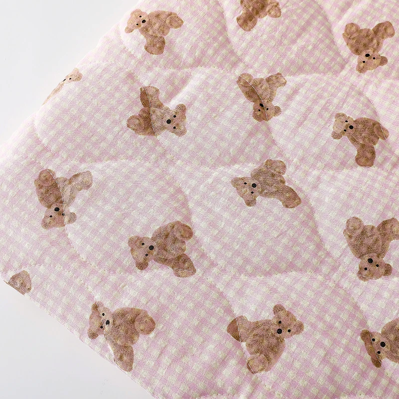 Pale Yellow Pink Plaid Bear Print Fabric Quilted Cotton Wadded for Winter Vest Padded Coat Outerwear DIY Textile Material