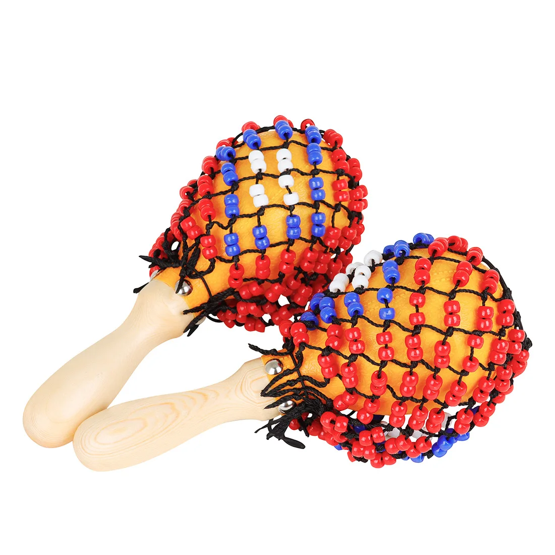 2x Wooden Sand Hammers DIY Bead Net, Hand Percussion Musical Instrument for Birthday Performance KTV Concert Gathering