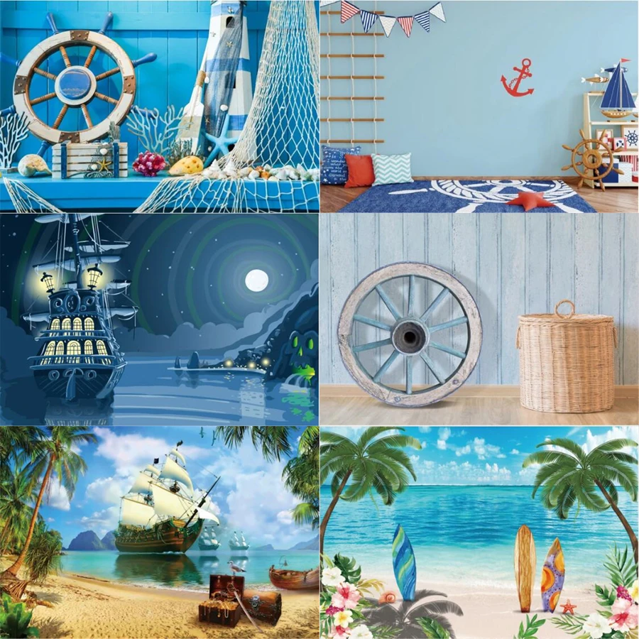 Photography Backdrop Pirate Ship Boat Navigation Deck Wood Box Sea Baby Birthday Cartoon Background Poster Photo Studio Banner