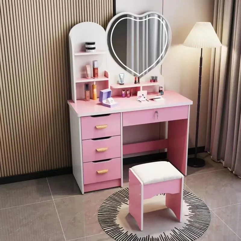 Bedroom Dressing Table with LED Light Mirror Multifunctional Makeup Vanity Modern Simple Dressing Case Furniture