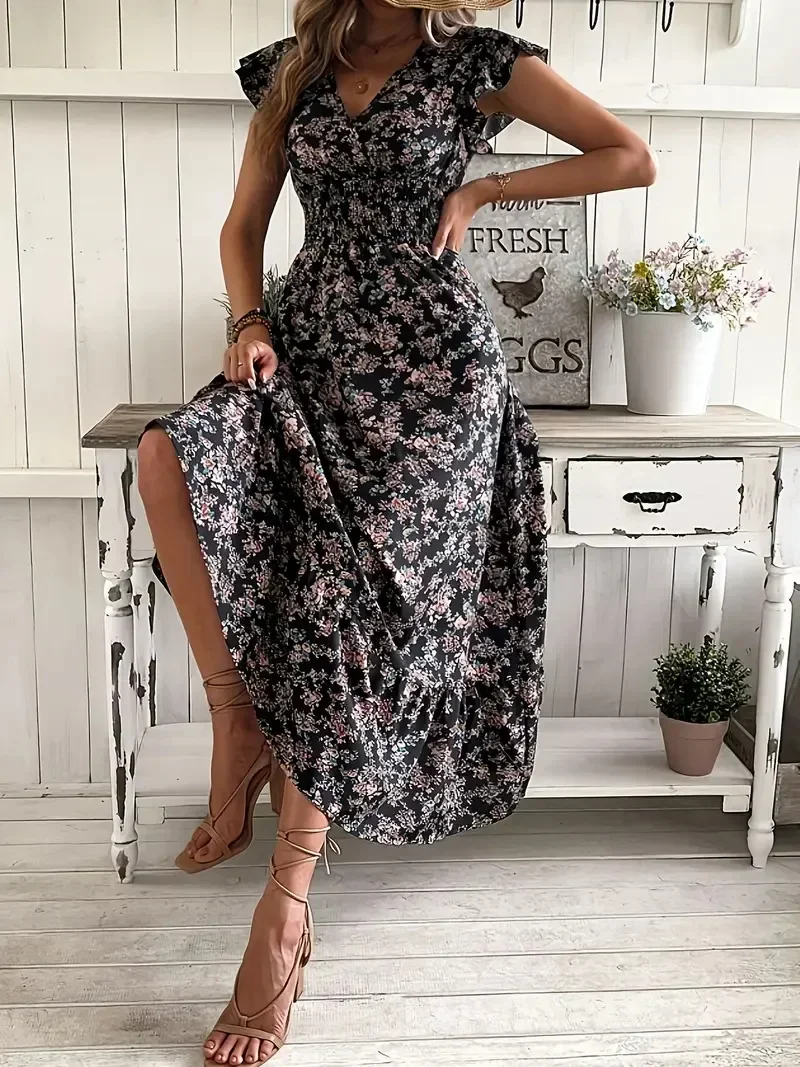 Robe longue à fleurs pour femmes, grande taille 1XL-5XL, tendance, décontractée, imprimée de pétales et robe à Silhouette décontractée