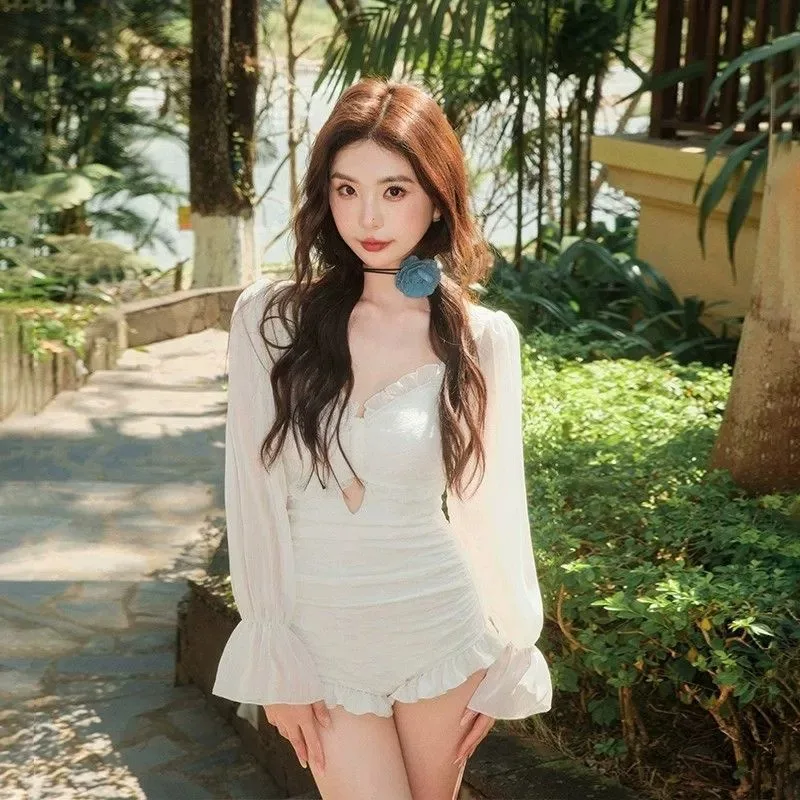 Elegant transparant badpak voor dames, lange mouwen, high-end curve-flatterend eendelig, grote maten, vriendelijk voor hete lente-strandvakantie