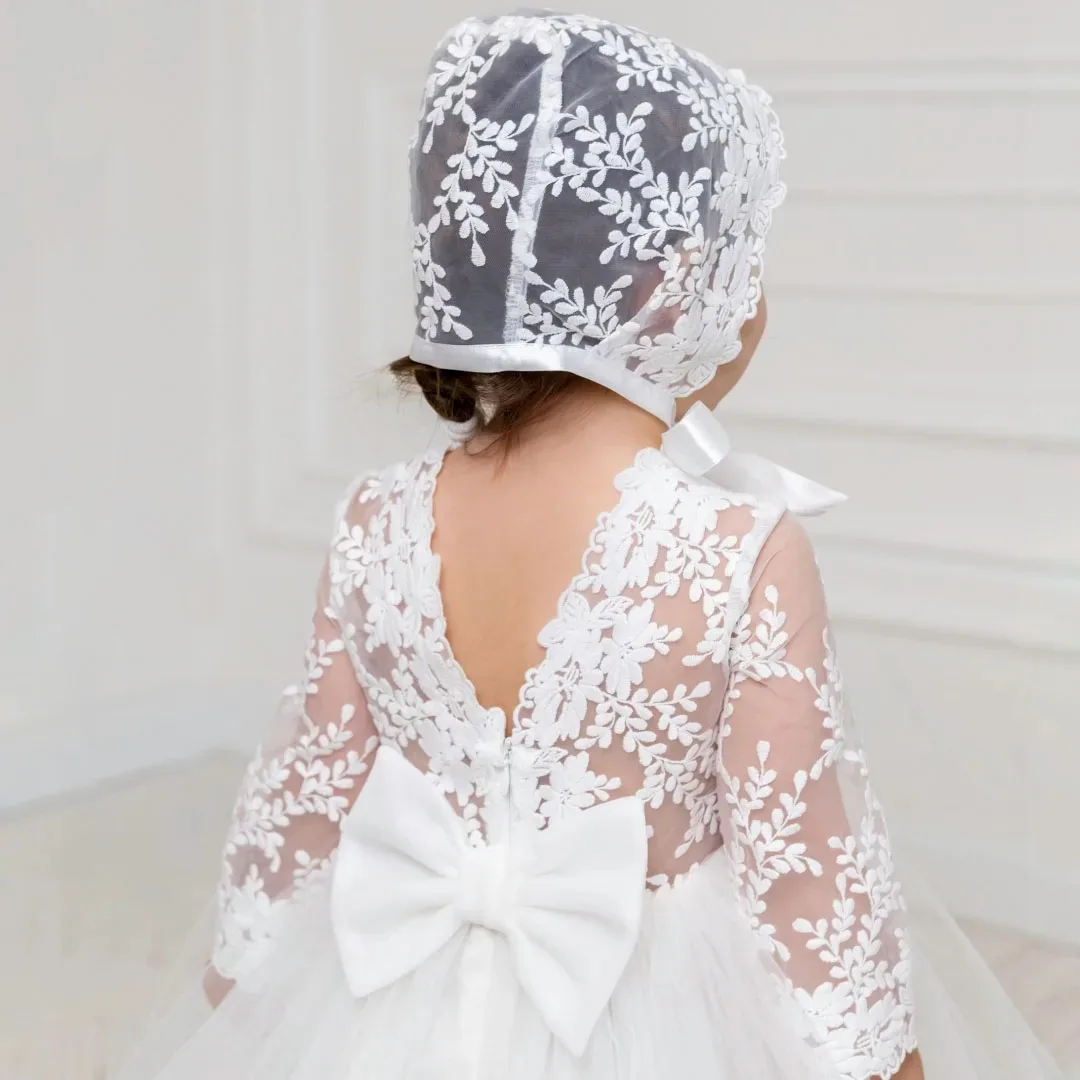 

Детское платье для девочки на заказ: белое, с аппликацией и бантом, с длинным рукавом, для свадьбы, дня рождения, первого причастия