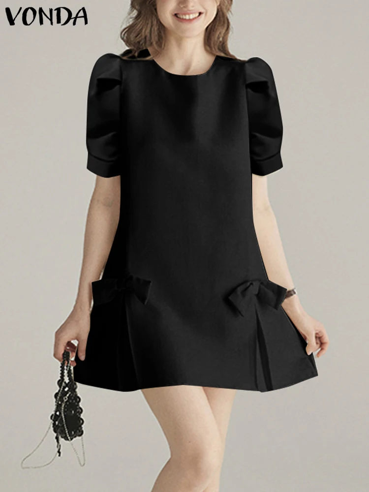 

VONDA Summer Party Mini Dress Women A-Line Solid Vestidos 2025 Casual Puff Sleeve O-Neck Sundress Elegant Loose Robe Oversized