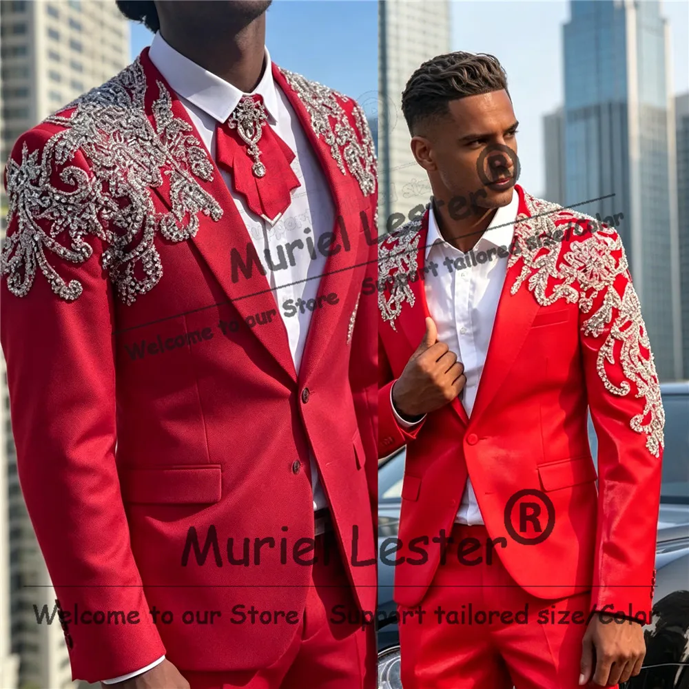 

Glitter Rhinestone Men Suit Luxury Jewelry Beaded Wedding Tuxedos Male Fashion 2 Pieces Set Prom Blazer Trousers Terno Masculino