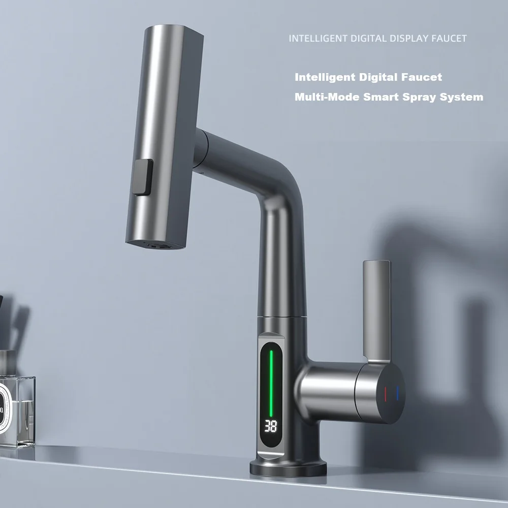 

Digital Temperature Display Waterfall Faucet,Extendable Sprayer,Lift&Rotate Design,Mixer Tap for Kitchen Sink Bathroom